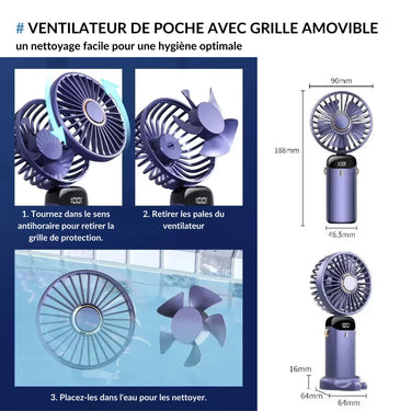 Ventilateur de poche portable avec grille amovible, facile à démonter pour un nettoyage rapide et hygiénique, avec dimensions détaillées et instructions.